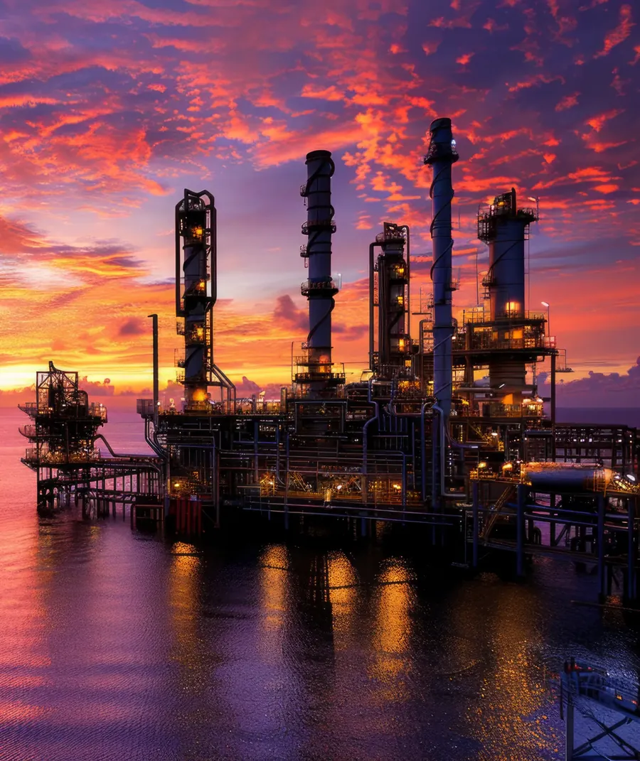 A downstream plant on the water at sunset, lit for night operations